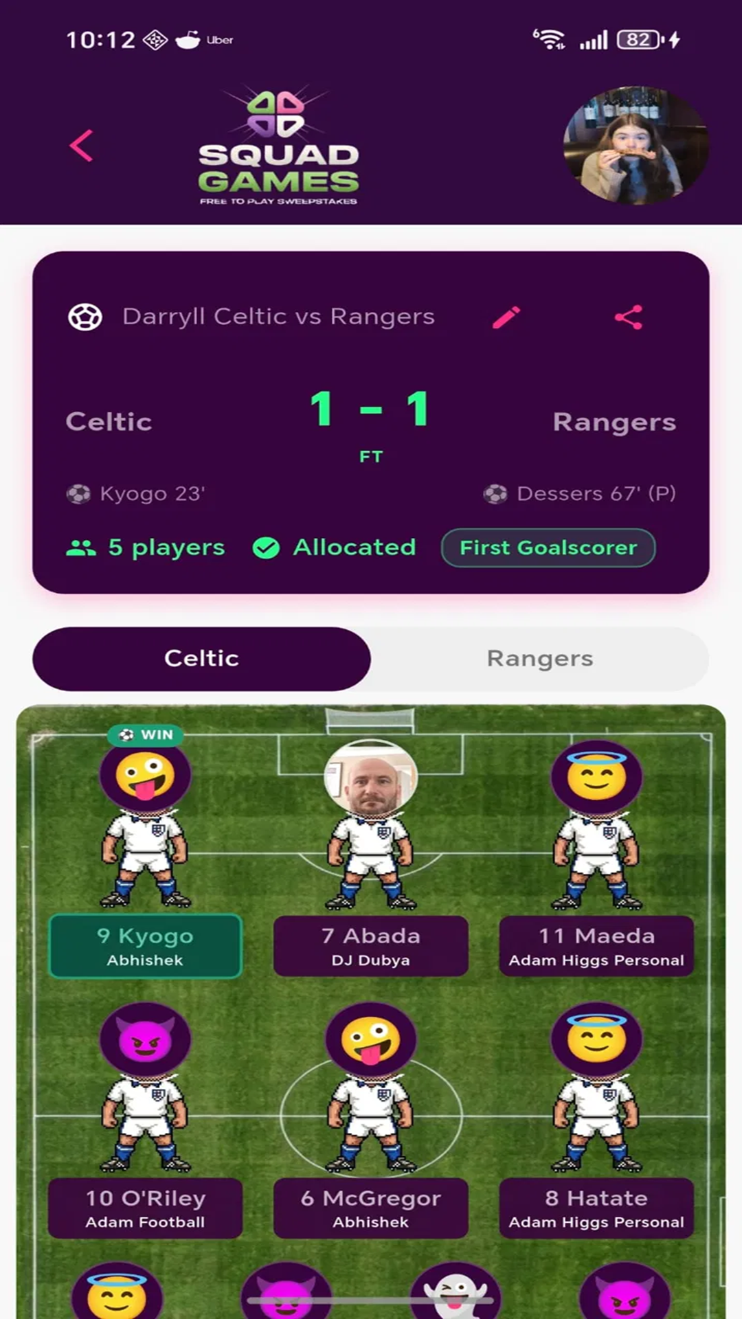 SquadGames live pitch view showing player allocations